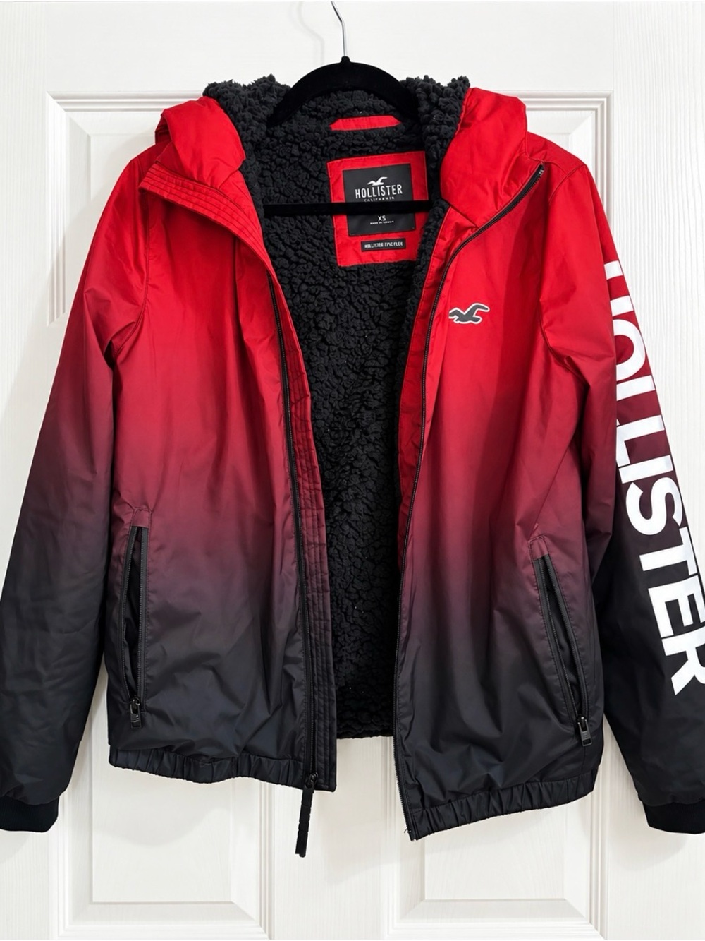 Hollister Red to Black Ombre Sherpa-Lined Hooded Jacket